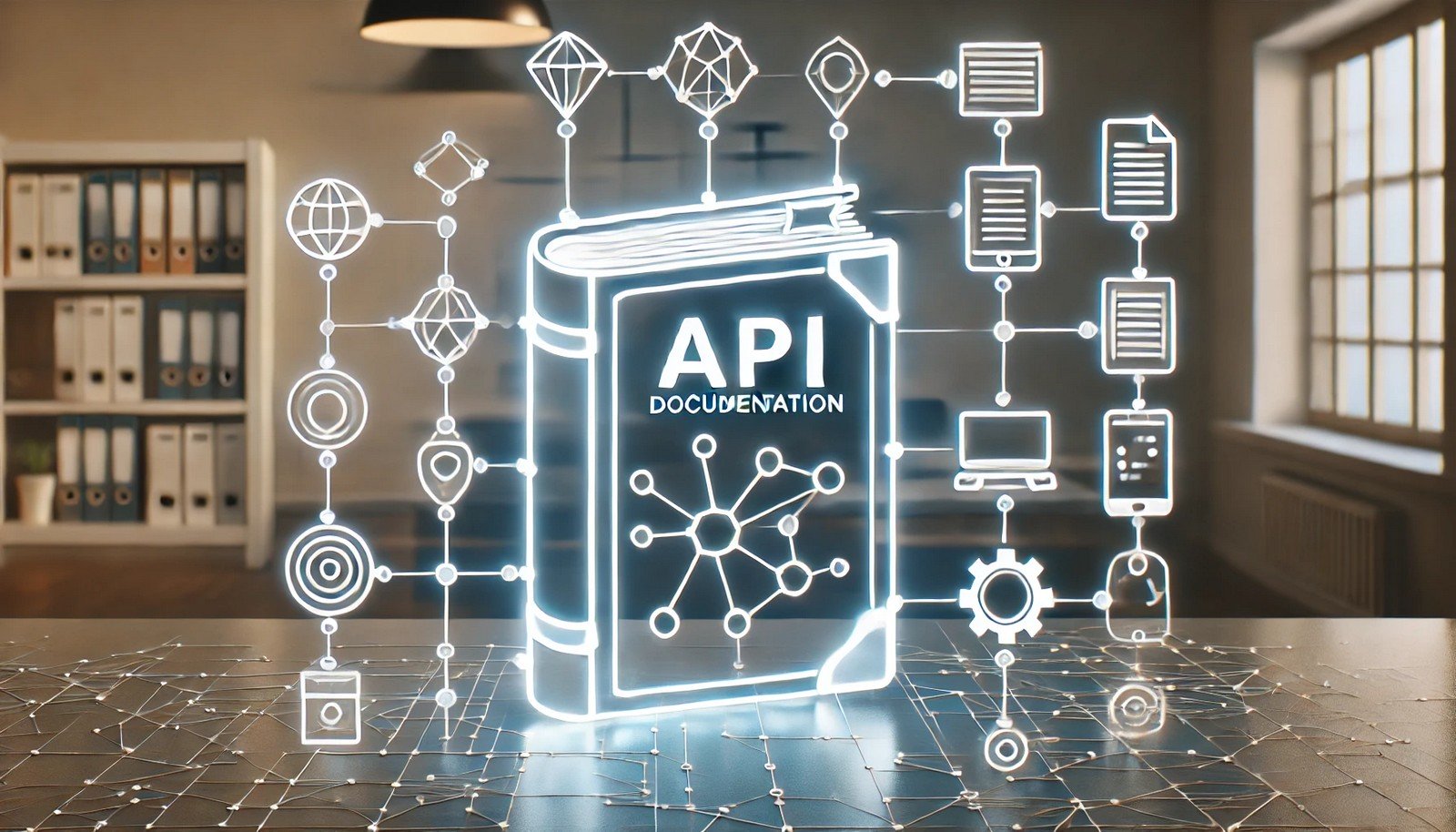 A glowing guidebook surrounded by interconnected digital nodes and lines, symbolizing API Documentation. The backdrop is sleek and minimal, emphasizing digital connectivity and integration.