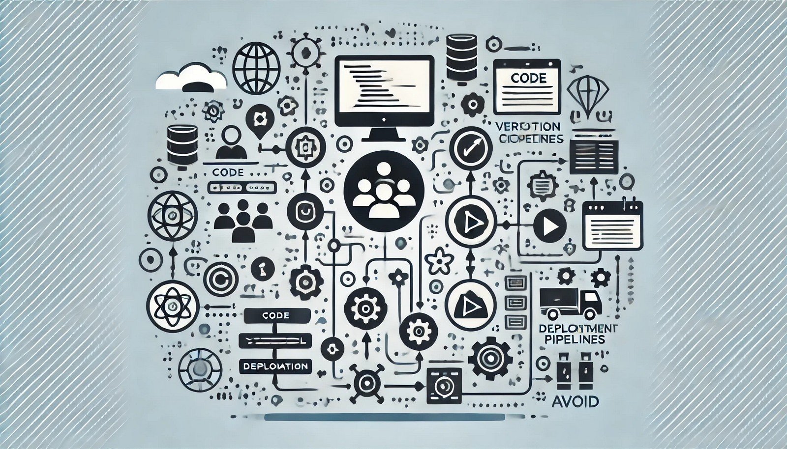 Illustration showcasing a developer workflow with interconnected tools like code, version control, and deployment pipelines, featuring abstract elements of collaboration and automation in a minimal and modern design.