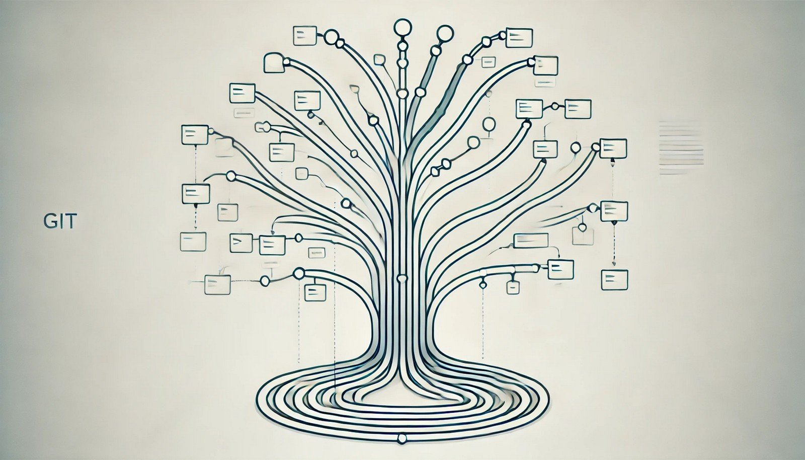 A minimalistic visual representation of a Git Workflow showing curved branching and merging paths. The structured flow connects isolated branches into a main branch, emphasizing clarity and collaboration.