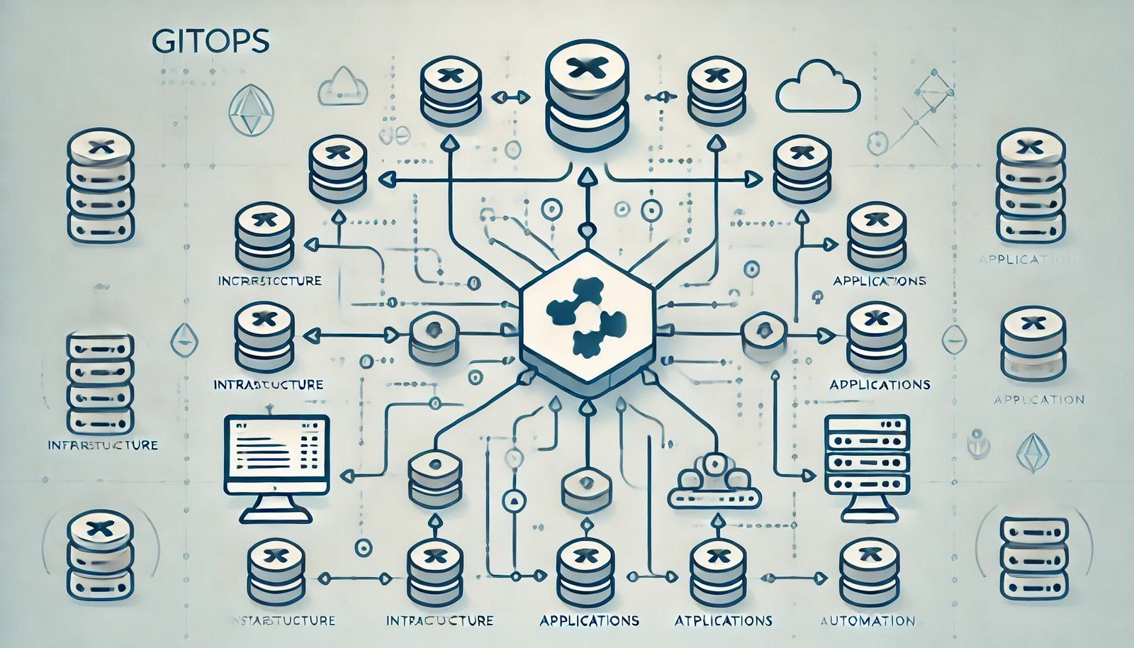 A minimalist depiction of GitOps with a central Git repository linked to nodes symbolizing infrastructure, applications, and automation tools, connected by arrows indicating the flow of updates.