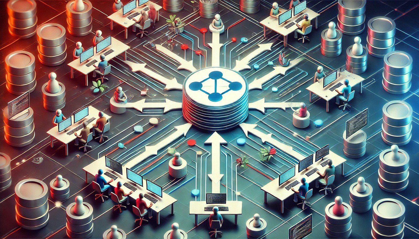 A futuristic visualization of a version control system showing developers as abstract figures collaborating around a central repository, with vibrant branching and merging workflows in a seamless network.