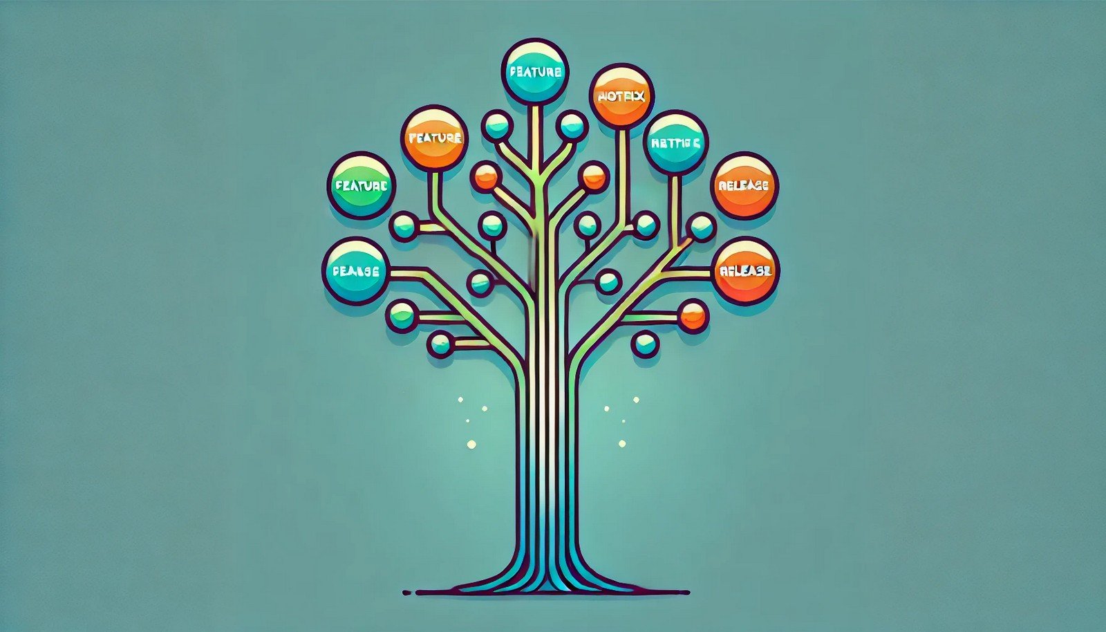 A digital illustration of a Git branching model with colorful branches merging into a central trunk, symbolizing collaboration in software development, designed in a minimalist style with a vibrant palette.