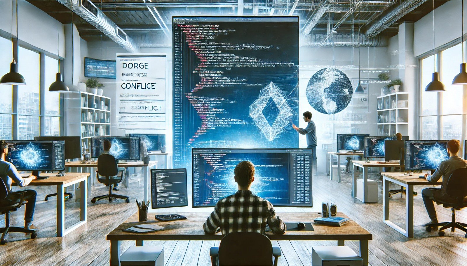 Two developers in a modern workspace collaborating on code, with overlapping code lines on a monitor visually representing a merge conflict, surrounded by desks and monitors in a clean environment.