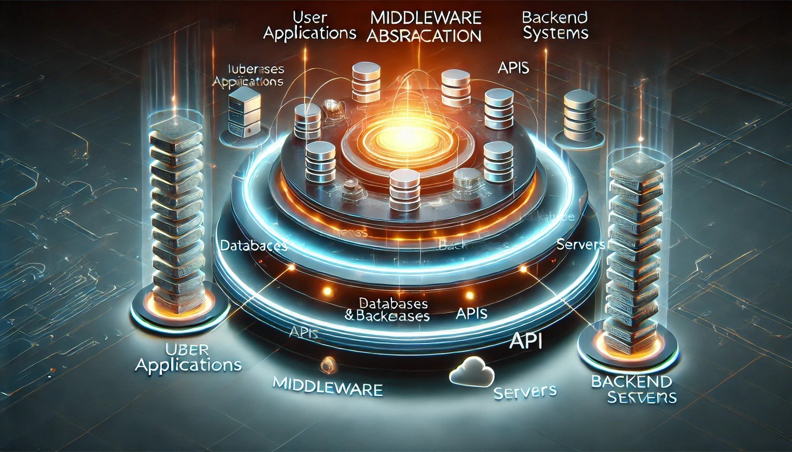 A modern conceptual illustration of middleware abstraction, highlighting a glowing middleware layer connecting user applications and backend systems like APIs and servers, visualized as a seamless multi-layered structure.