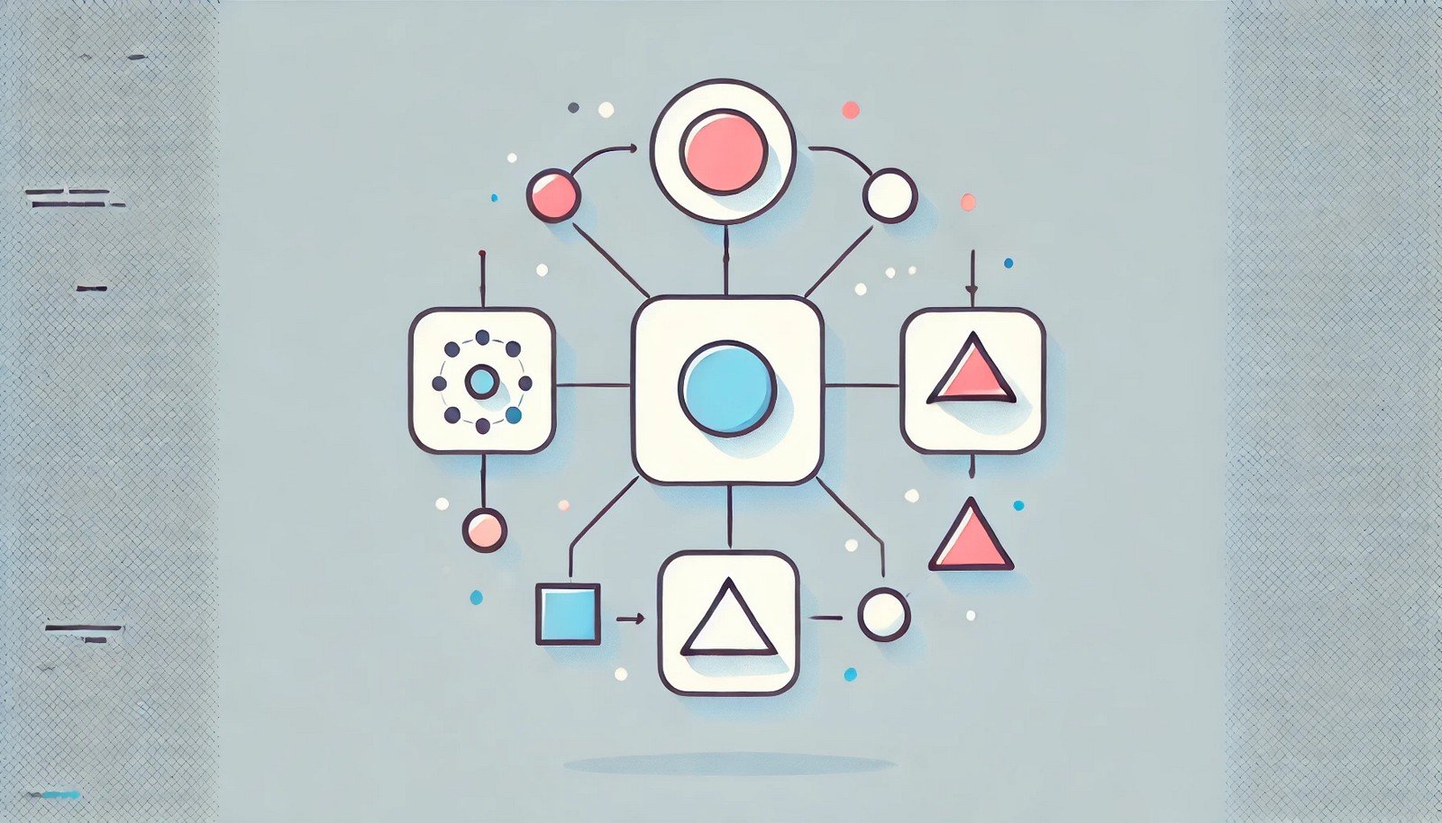 A minimalist depiction of polymorphism in programming showing an abstract object branching into a circle, square, and triangle, each visually implying unique actions or behaviors with soft geometry.