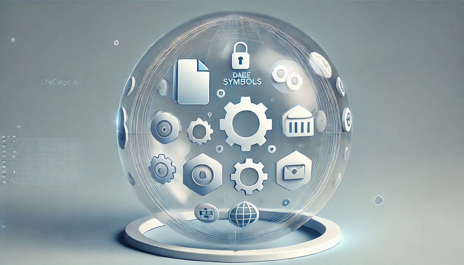 Digital illustration of encapsulation in programming, showing a transparent glass sphere enclosing data and method icons, surrounded by a protective layer. Emphasizes security, organization, and modularity.