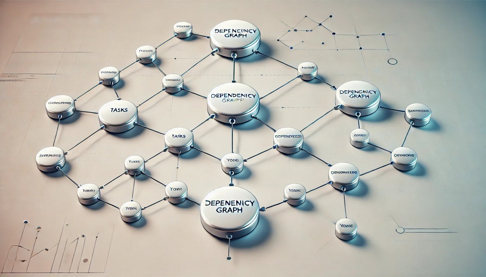 A modern visual of a dependency graph, featuring interconnected nodes and directional arrows illustrating task dependencies, set against a soft gradient background emphasizing clarity and minimalism.