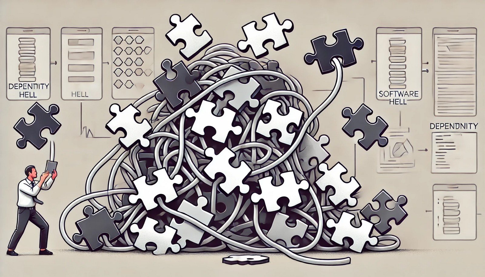  A minimalist illustration of a frustrated developer struggling with mismatched and tangled puzzle pieces of various shapes and colors, symbolizing the complexity of Dependency Hell in software development.