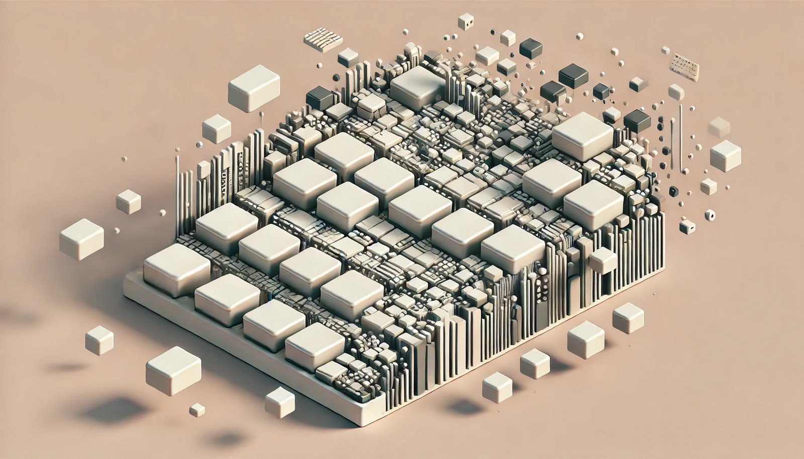 A visual representation of memory fragmentation, showing a grid of memory blocks with irregular, scattered gaps, illustrating the fragmented nature of computer memory management without using text.