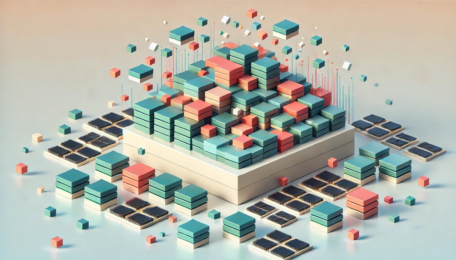 A minimalist illustration depicting heap allocation in computer memory, featuring colorful, scattered blocks of varying sizes within a large memory pool, symbolizing dynamic allocation and usage.