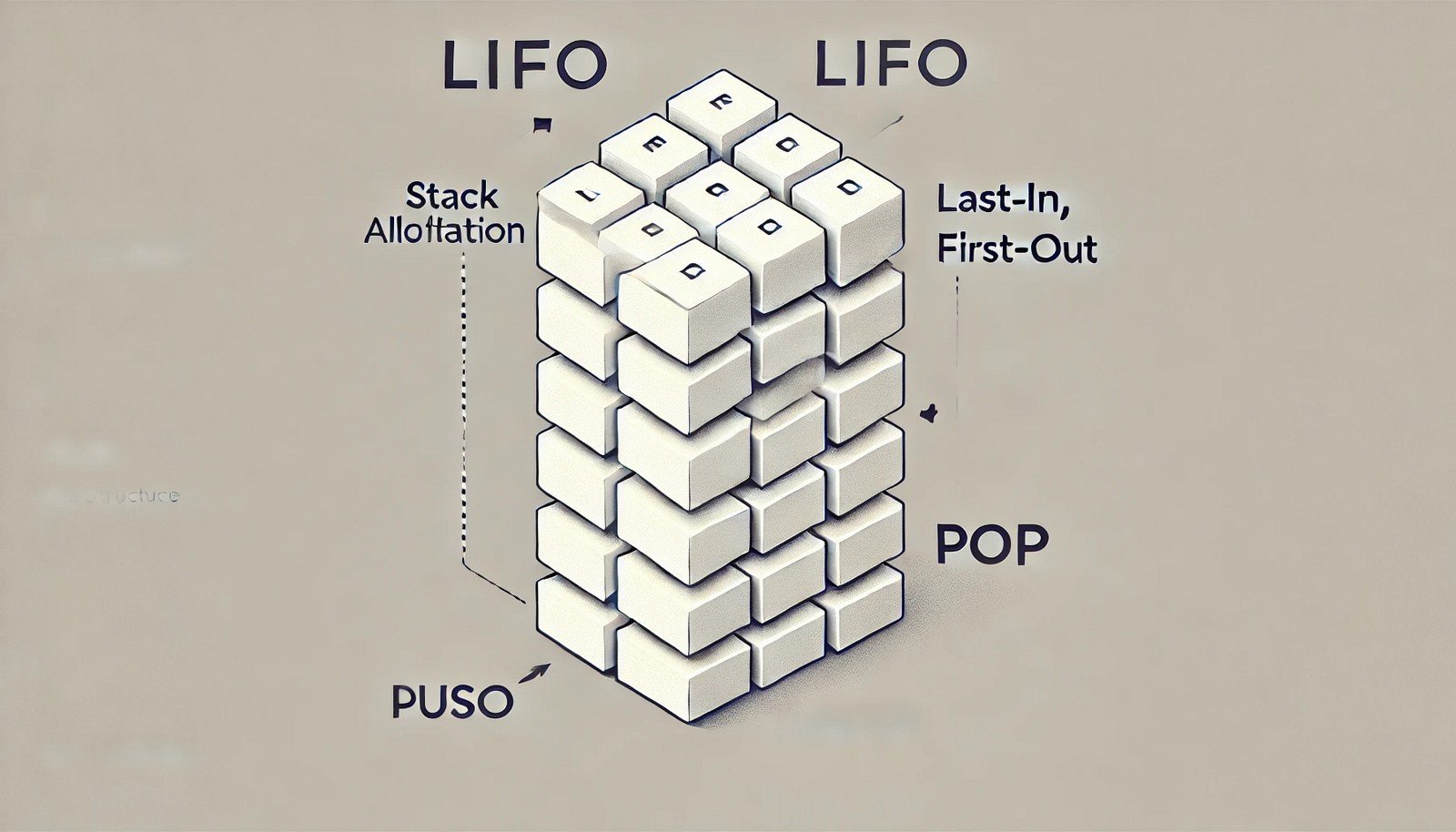 A minimalist illustration of stack allocation with a vertical stack of blocks, arrows indicating LIFO operations, and a clean design emphasizing the simplicity and efficiency of the stack concept.