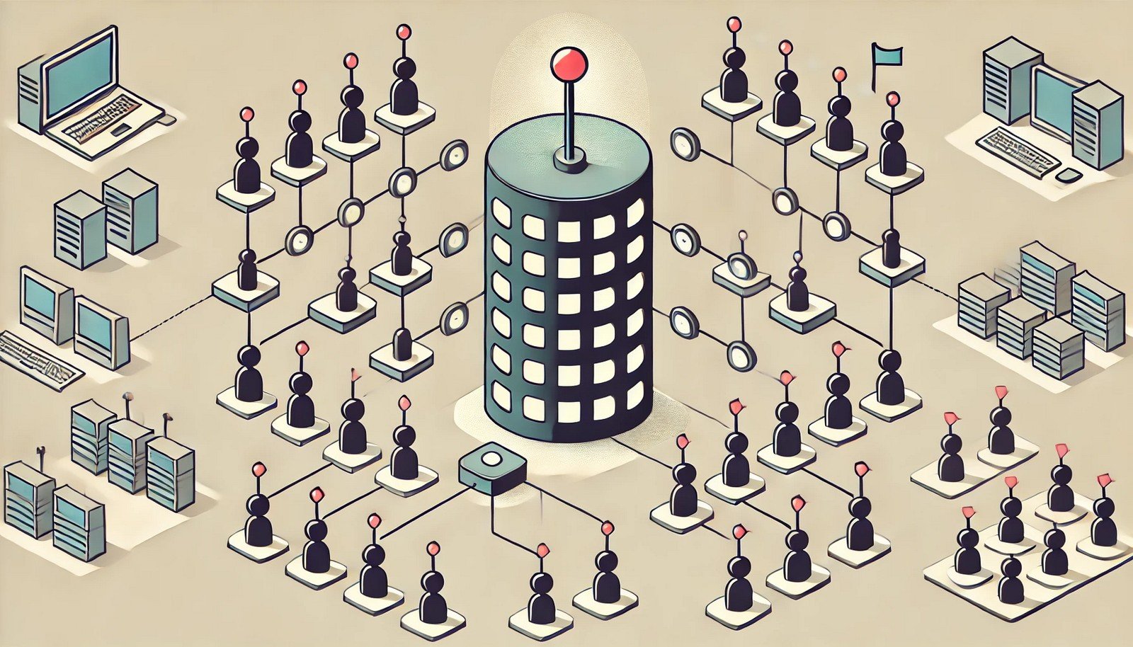 A minimalist illustration of a semaphore concept in computer science, showing a shared resource symbolized as a room and multiple threads represented as entities. A signal system regulates access control visually.