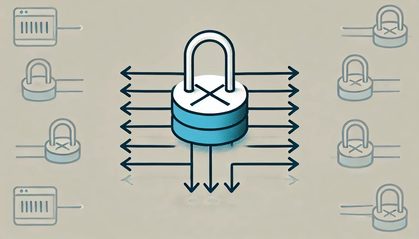 Minimalist illustration showing a mutex concept with a central lock guarding a shared resource. Multiple arrows symbolize threads, only one passing through the lock to access the resource.