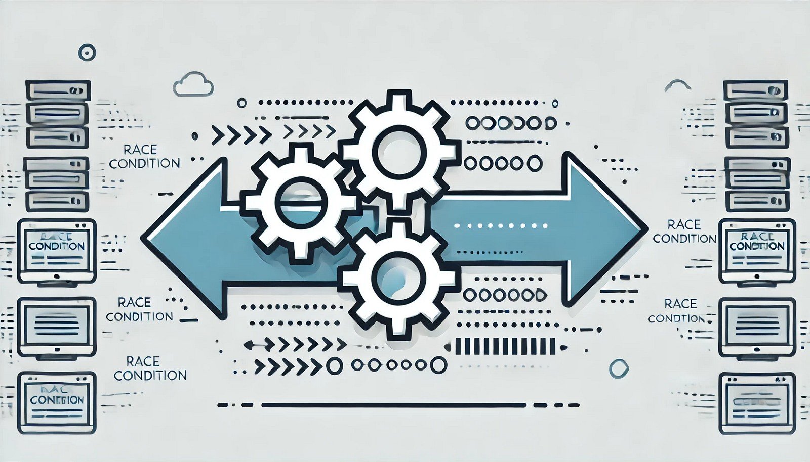 An abstract illustration of a race condition in computing, showing two competing entities symbolized by gears and arrows colliding over a shared resource, representing lack of synchronization.