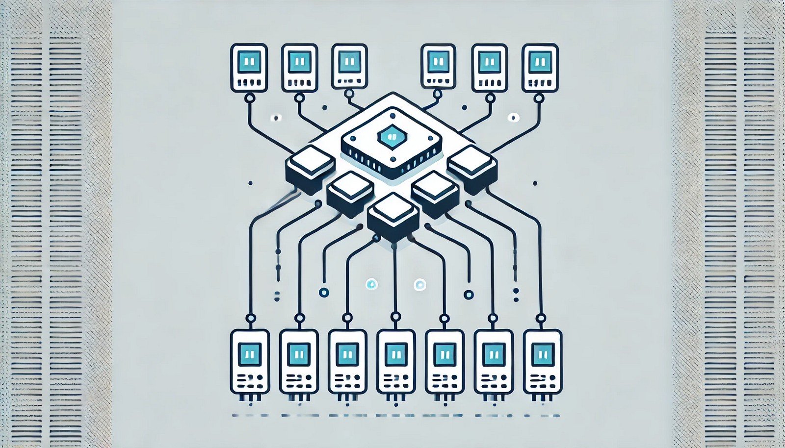 Illustration of parallel computing with a central processor dividing a task into smaller subtasks, each processed concurrently by multiple separate processing units, symbolizing efficiency and collaboration.