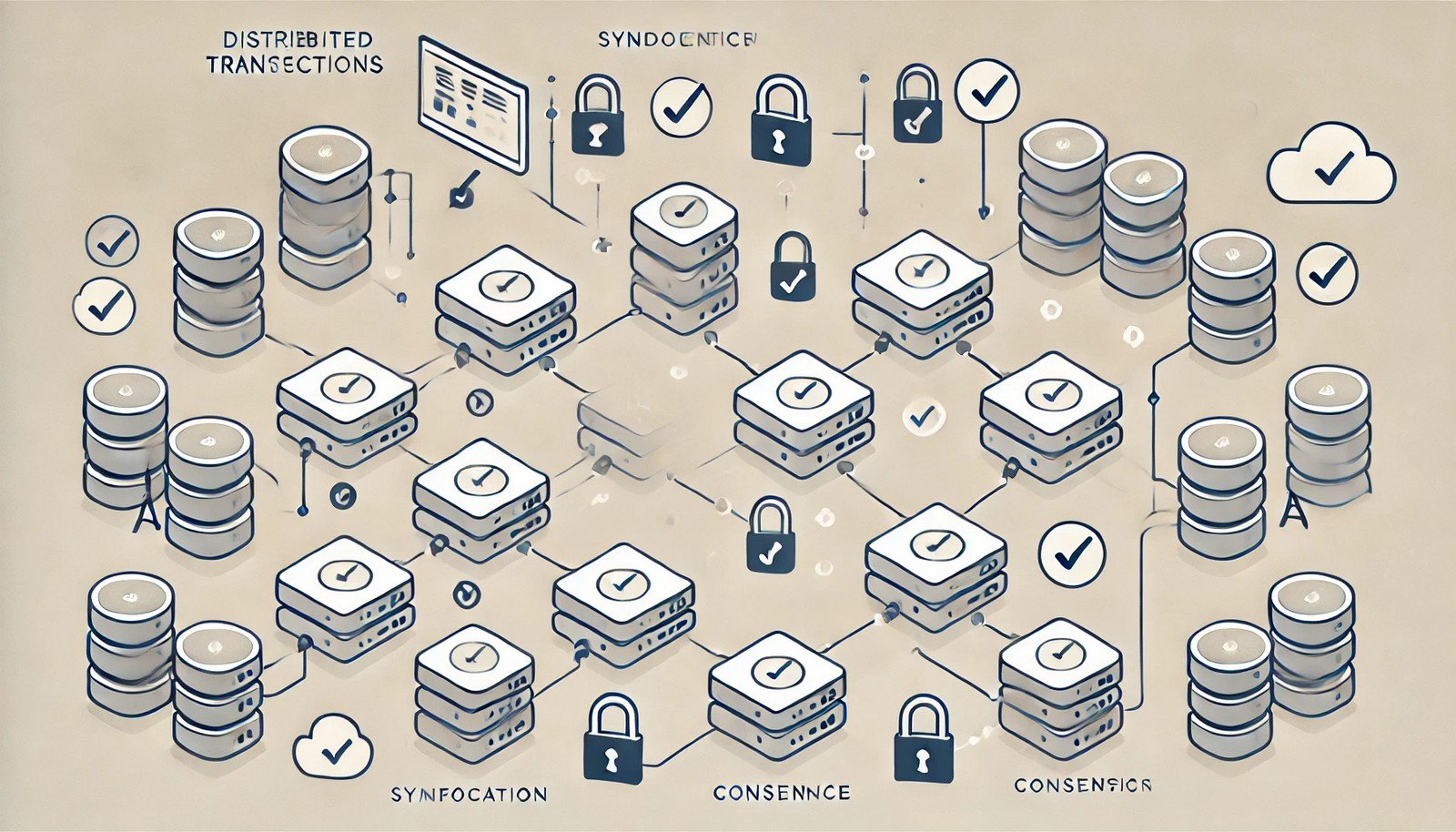 An illustration of distributed transactions showing interconnected servers with arrows indicating data flow. Locks and checkmarks emphasize synchronization and coordination in a minimalistic, modern design.