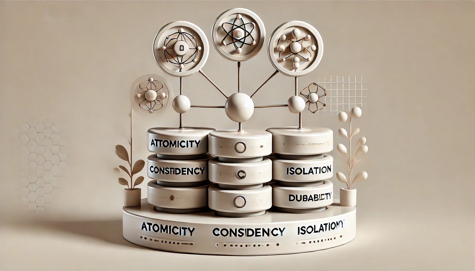 A minimalistic illustration of a secure vault with abstract layers representing ACID properties: Atomicity as a process circle, Consistency as a balanced scale, Isolation as separated elements, and Durability as a shield.