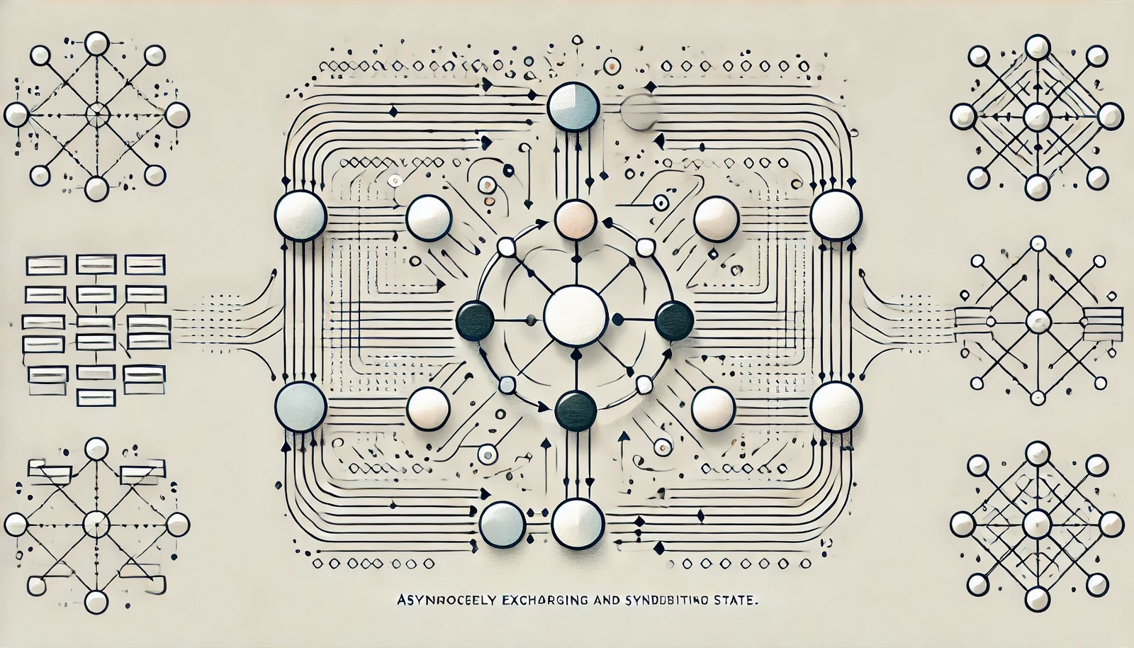 An abstract illustration of multiple interconnected nodes in a distributed system exchanging and synchronizing data asynchronously, visually converging to a unified state. The design is clean, modern, and minimalistic.