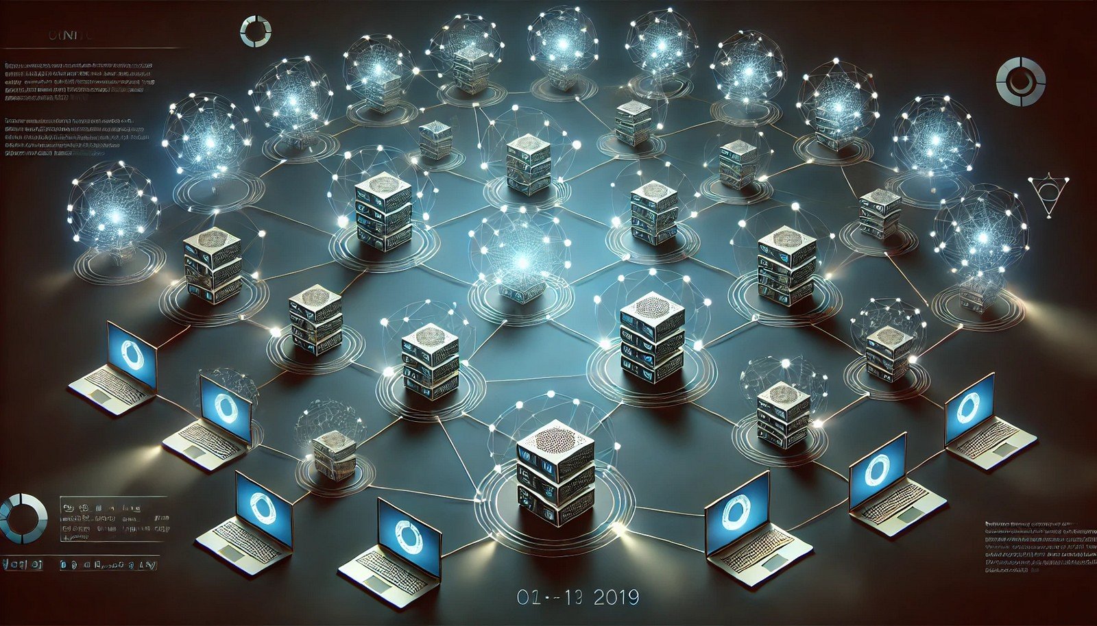 A modern illustration of a distributed network with interconnected nodes, depicted as computers linked by glowing synchronized lines, emphasizing real-time data updates in a minimalistic design.