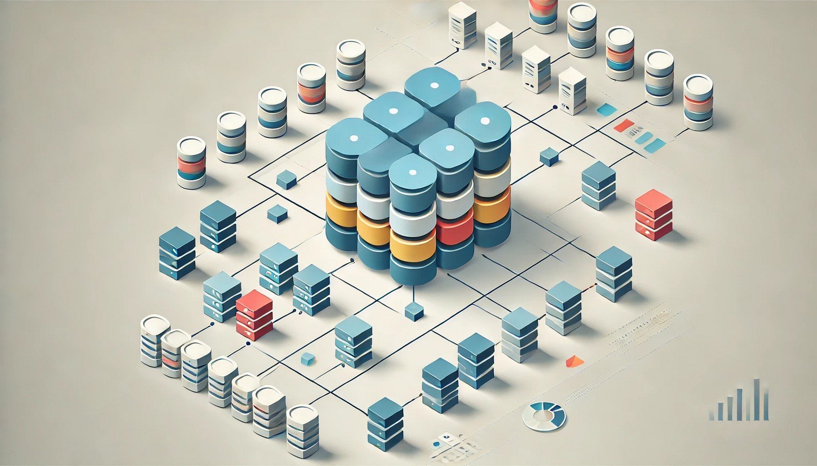 An illustration of a database being divided into smaller, color-coded sections (shards), each connected to a distributed system of servers, on a clean and neutral background.