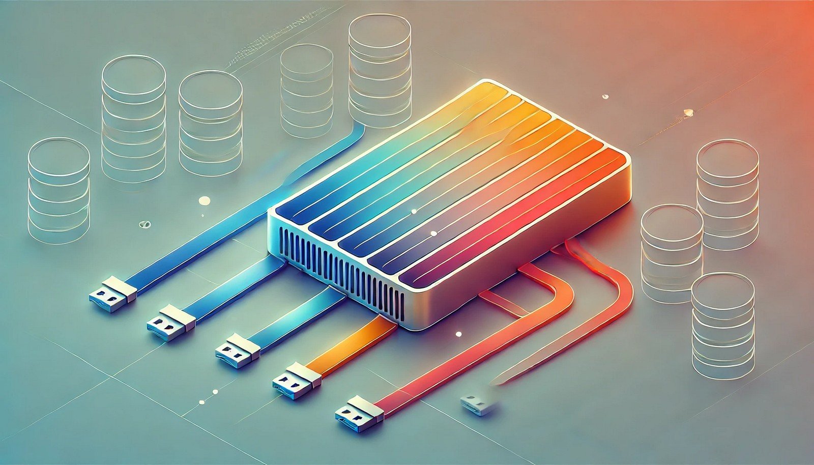 A minimalist illustration of a storage drive divided into vibrant-colored sections representing partitions, with smooth lines suggesting data flow between them, set against a plain background.