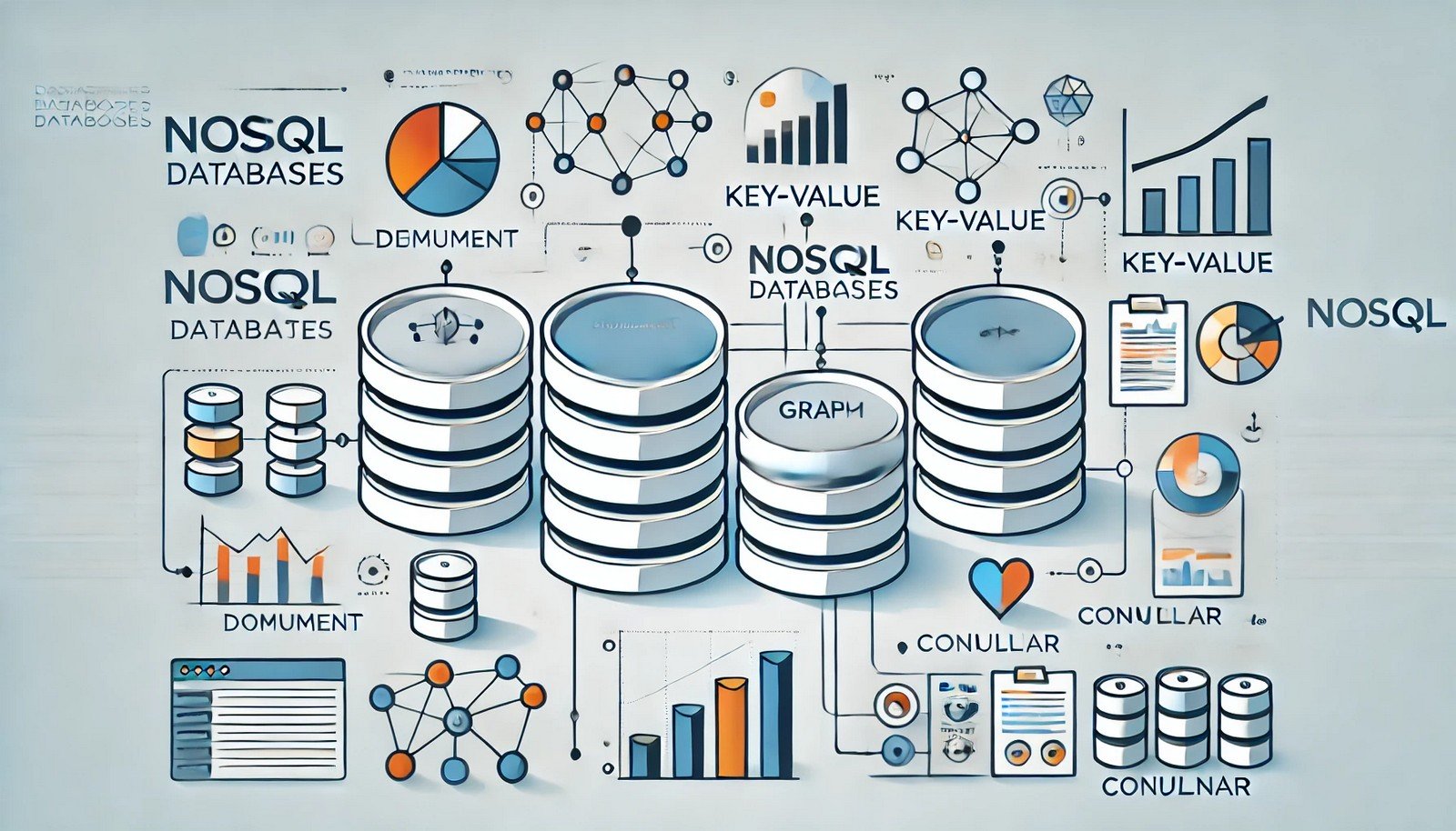 A minimalistic illustration of NoSQL databases featuring interconnected icons for document, graph, key-value, and columnar databases, symbolizing scalability and adaptability on a clean abstract background.