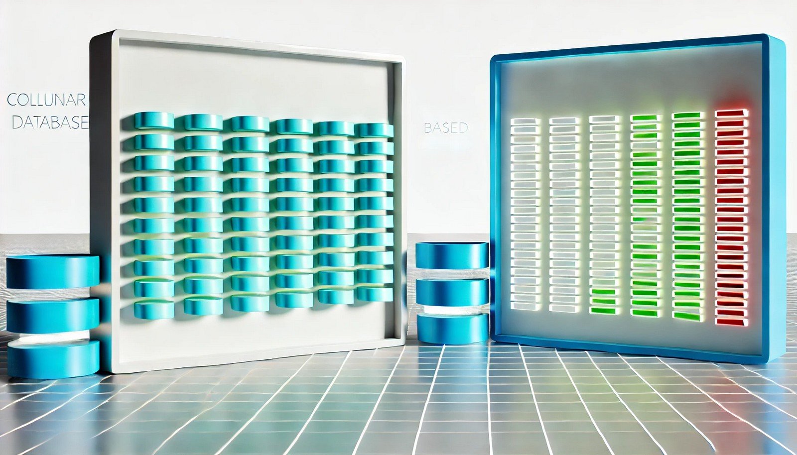 A clean and minimalistic illustration of columnar and row-based database storage. One side depicts grouped columns for fast access; the other shows rows arranged sequentially in a modern, abstract grid.