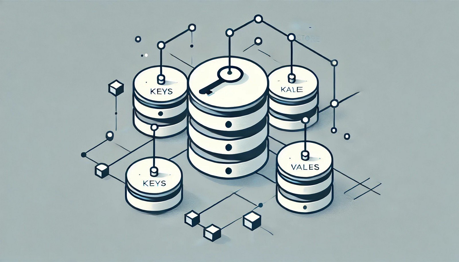 A minimalist depiction of a key-value store database concept, featuring geometric shapes like circles for keys and rectangles for values, interconnected to demonstrate data retrieval, with no text included.