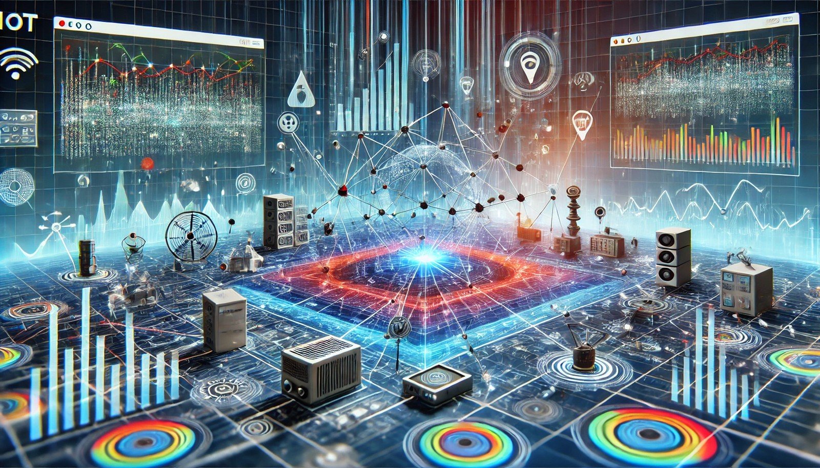 A visual representation of IoT devices transmitting data to a centralized database with dynamic graphs, highlighting real-time streaming and emerging patterns, set in a futuristic high-tech environment.