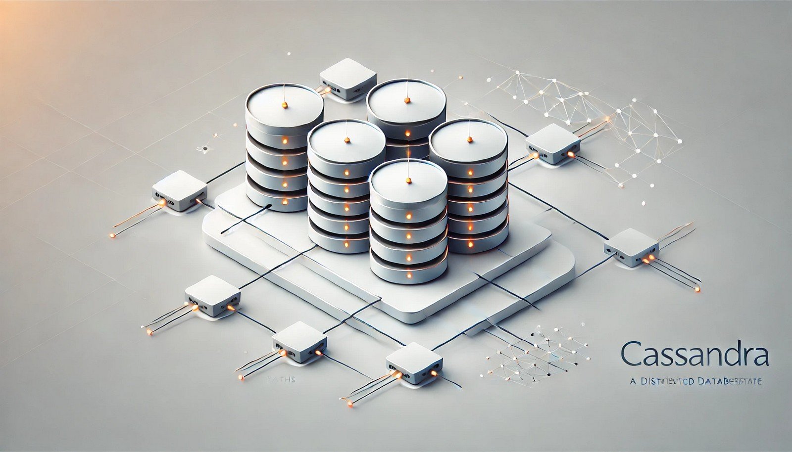 A futuristic illustration of a distributed database system with interconnected nodes, showcasing redundancy and multiple paths for scalability and fault tolerance in a professional, seamless network design.