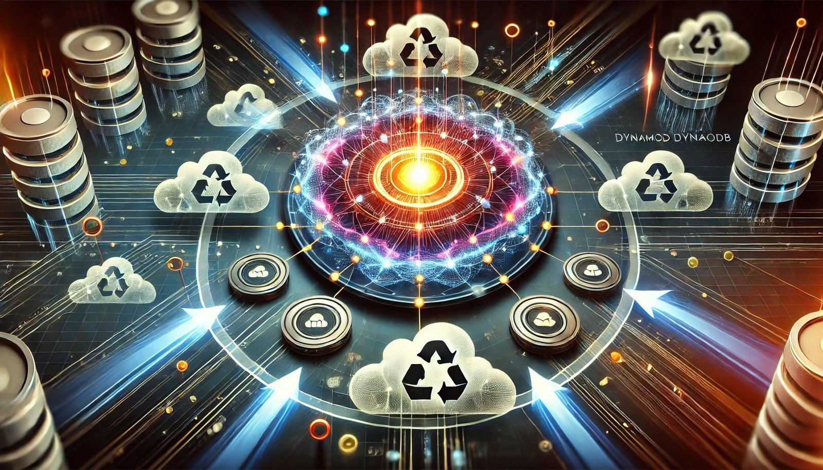 A futuristic illustration of a scalable database system featuring interconnected nodes and a glowing central hub, symbolizing DynamoDB, with cloud elements and dynamic arrows indicating real-time data processing.