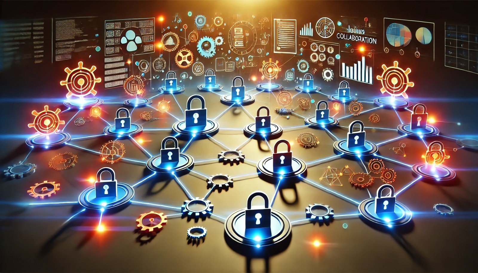 A digital illustration of interconnected nodes representing an organizational data network, featuring locks for security, gears for collaboration, and documents for policies in a modern 16:9 composition.