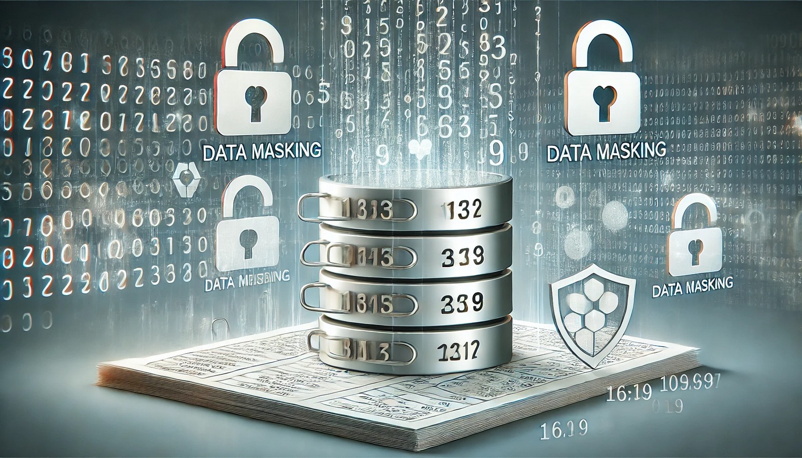 A conceptual representation of data masking showing a database or document with blurred and scrambled information, symbols of locks and shields indicating security and data protection.