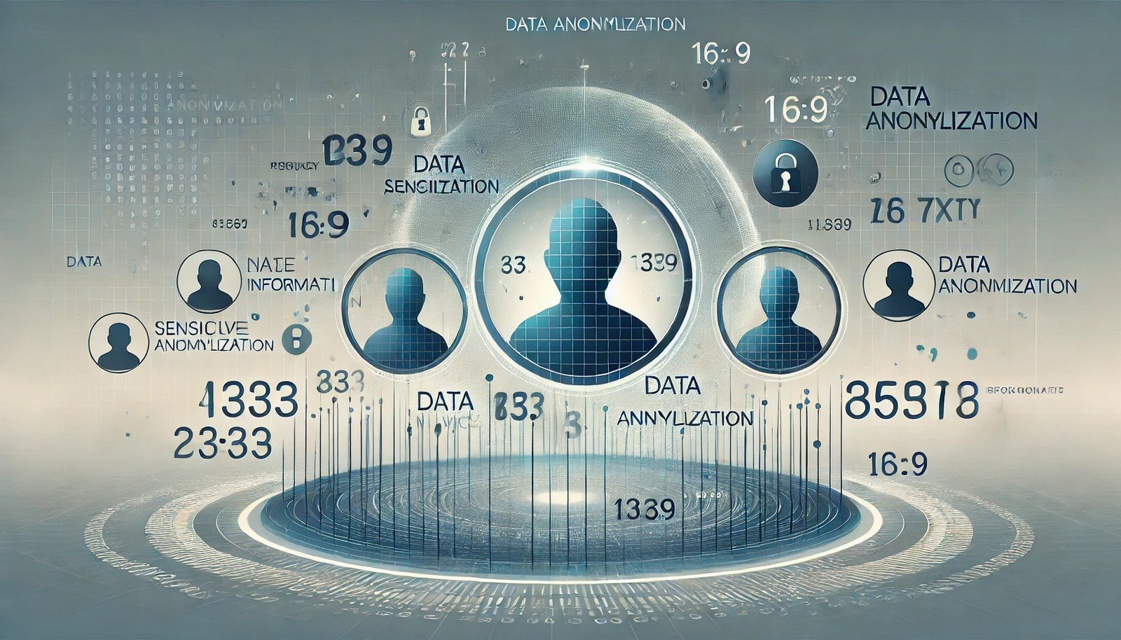 Abstract depiction of data anonymization showing digital symbols of personal data being transformed into secure and generalized formats, emphasizing privacy and security with modern design and gradient effects.