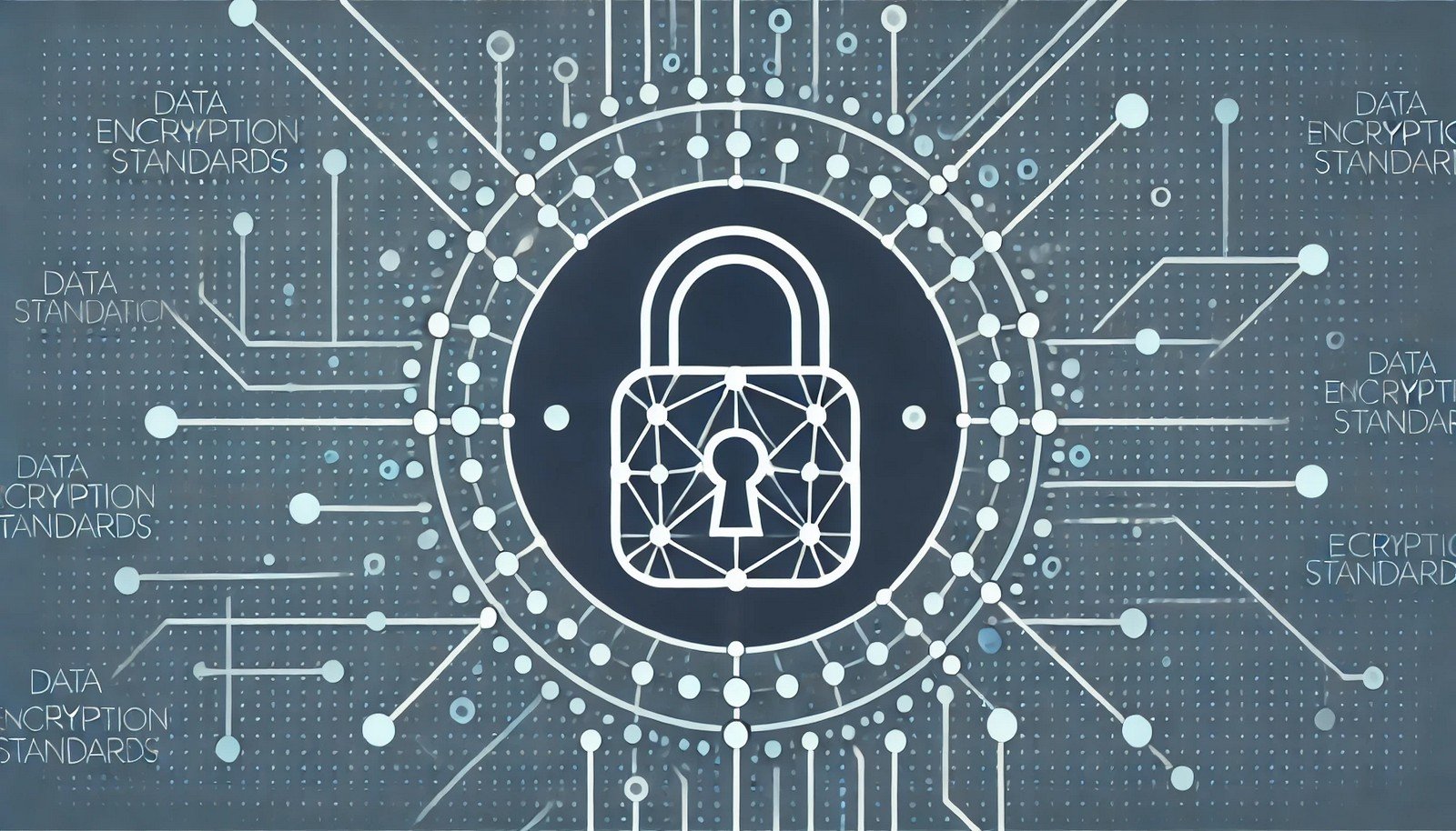 A minimalist illustration of Data Encryption Standards, showcasing a locked padlock encircled by interconnected nodes, symbolizing secure and encrypted data communication in a sleek, abstract design.