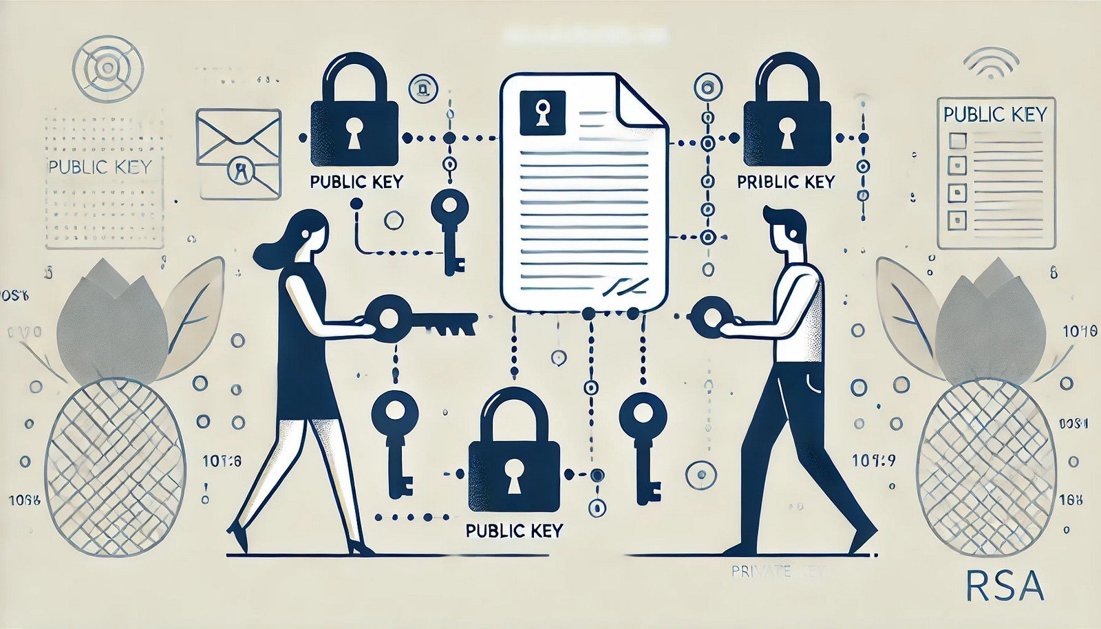 Illustration of RSA Algorithm showing two abstract figures exchanging messages securely. One figure encrypts with a lock (public key), while the other decrypts with a private key in a minimalistic design.