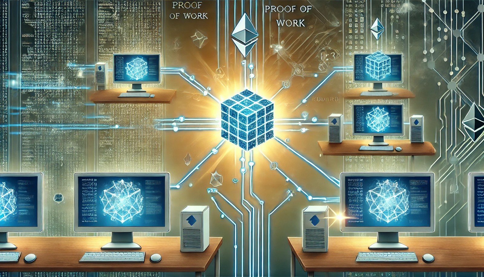 A futuristic digital illustration of Proof of Work in blockchain, featuring multiple computers racing to solve a cryptographic puzzle. One computer successfully finds the solution, earning a reward, with interconnected blockchain elements in the background.
