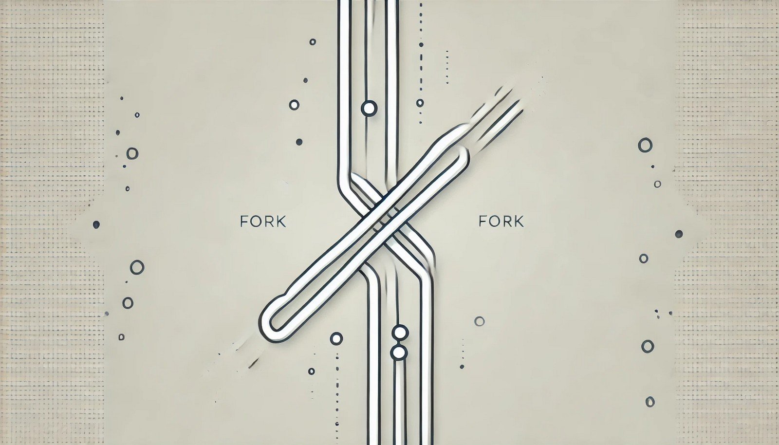 A minimalistic illustration of a blockchain fork, showing a single path splitting into two separate chains. The design features clean geometric lines with a light background and contrasting darker paths.