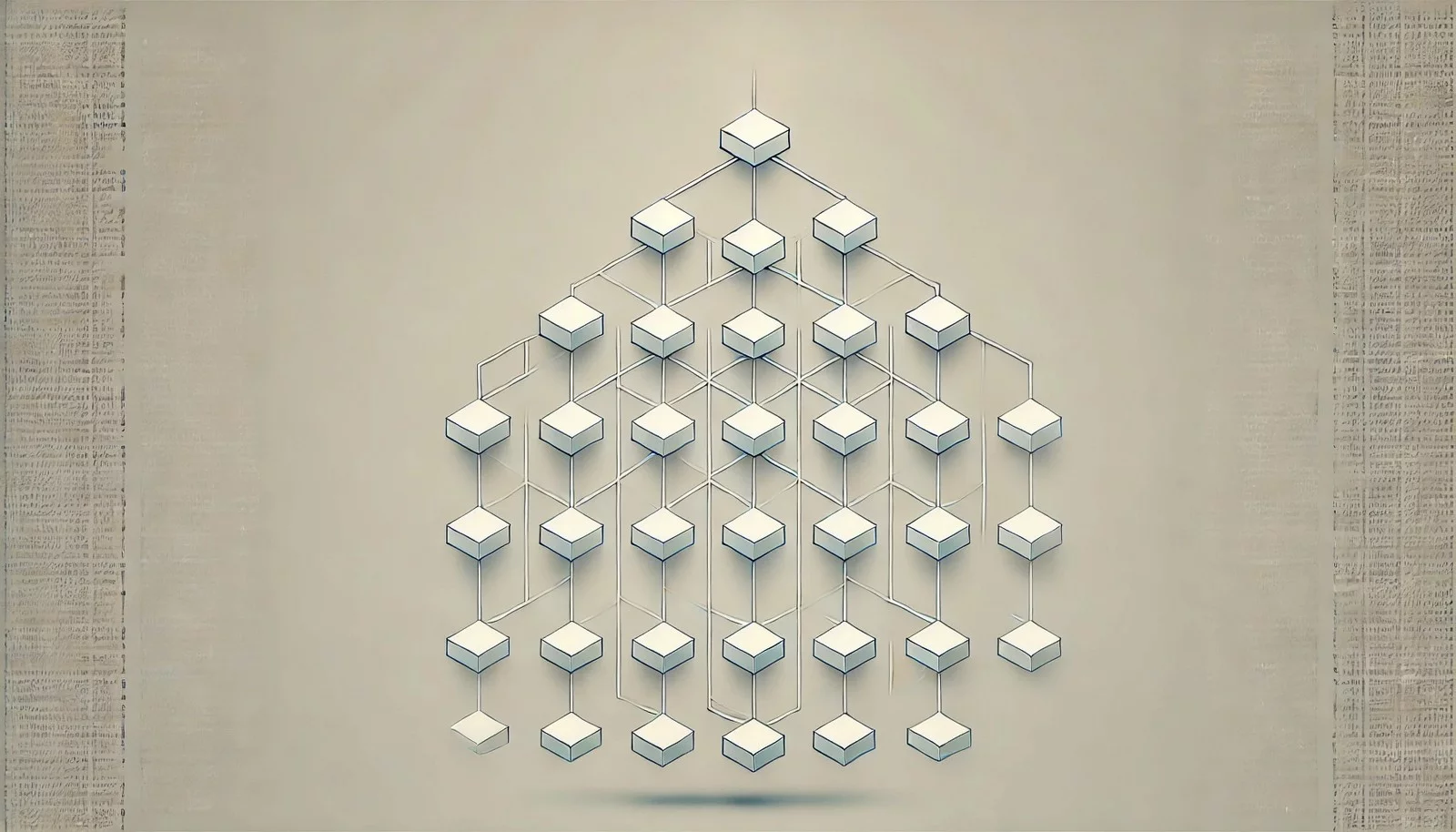 A minimalist digital illustration of a Merkle tree, displaying a hierarchical structure where hashed blocks merge into higher nodes, forming a pyramid-like shape that leads to a single root hash at the top.