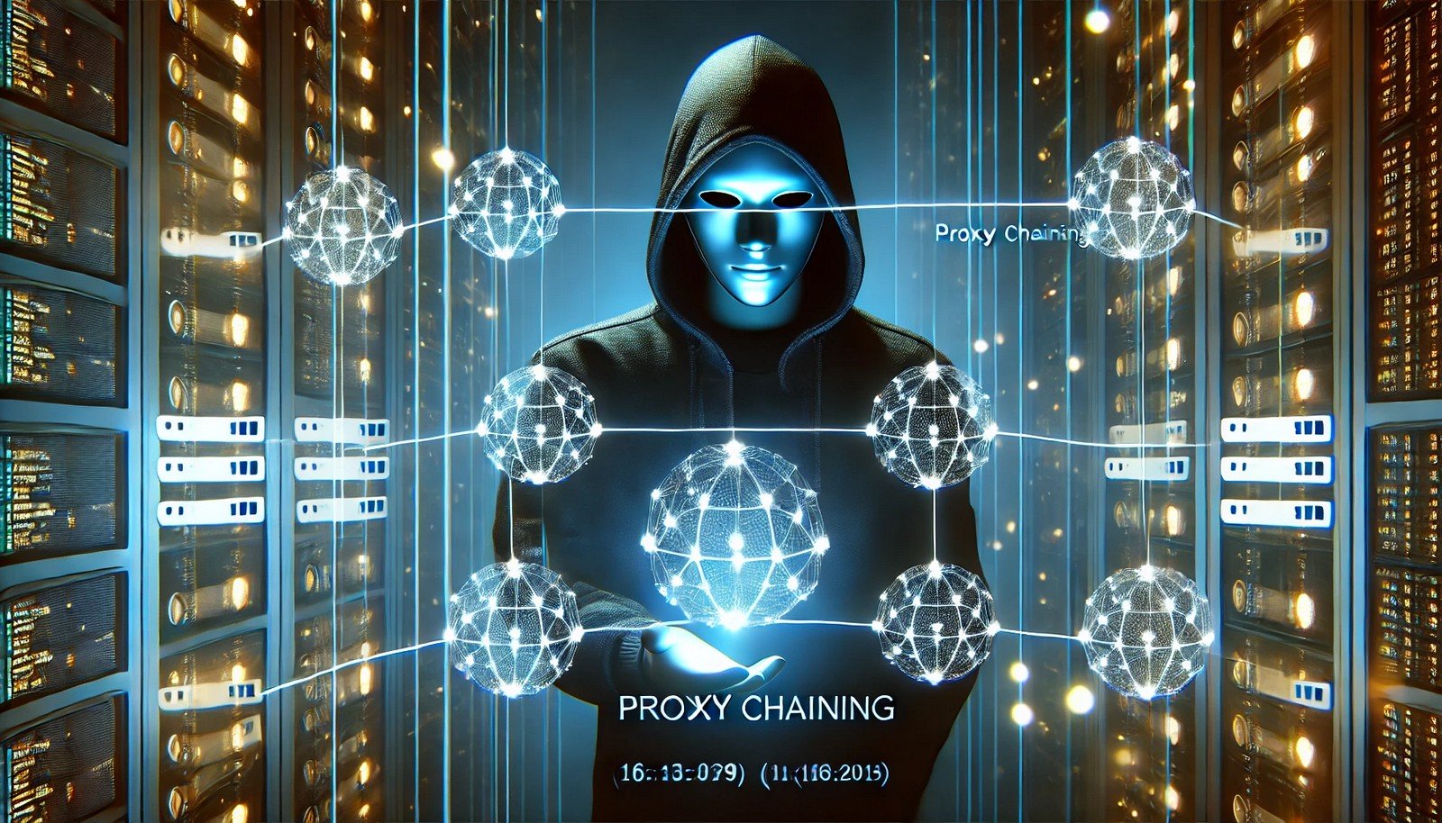 A futuristic digital illustration of proxy chaining, showing a masked figure sending an internet request through multiple glowing server nodes, representing anonymity and security in a cyber-themed environment.