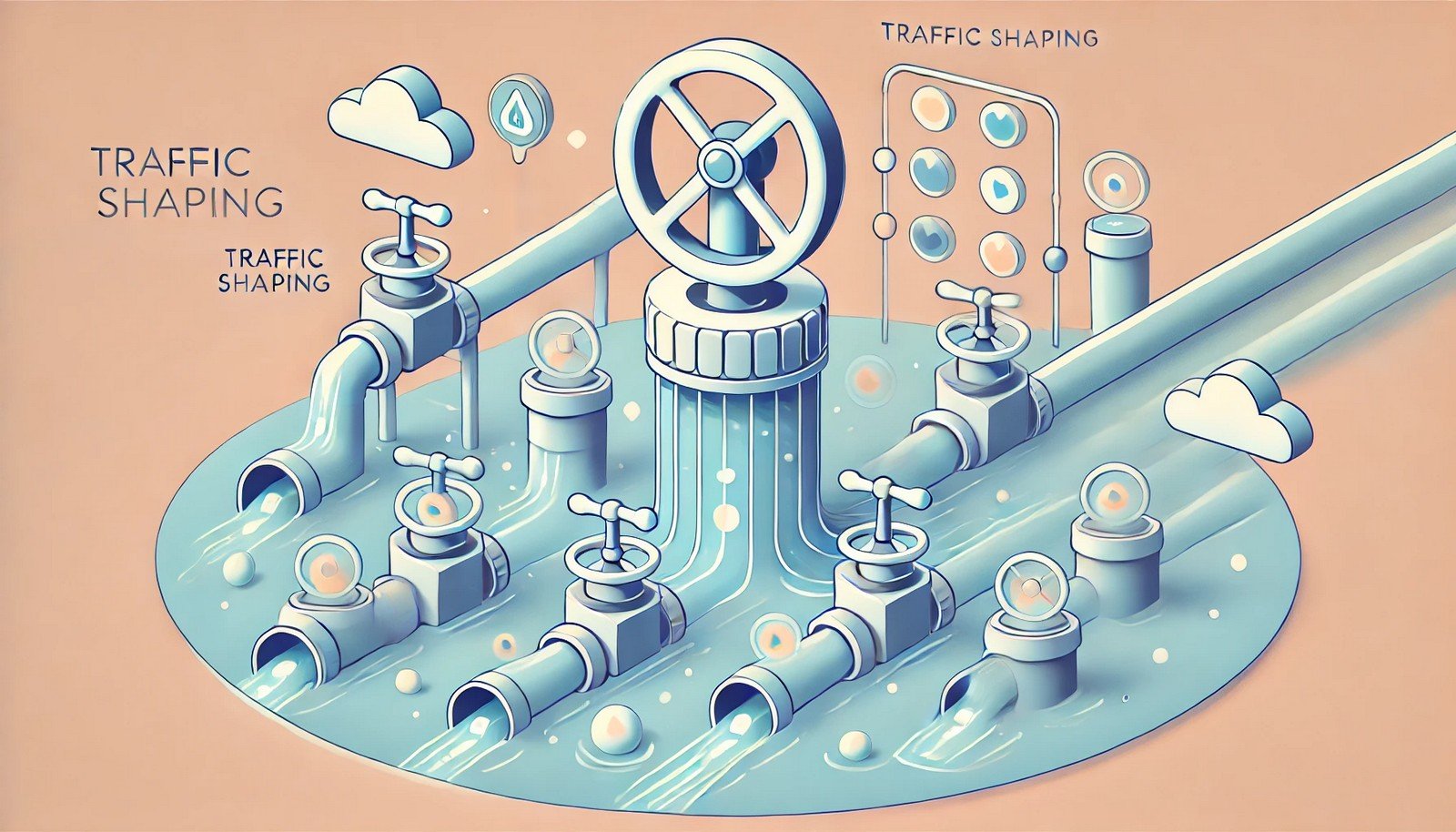 Illustration of traffic shaping in a computer network showing data packets as water flowing through pipes, with a valve controlling and prioritizing flow for real-time services like video calls and gaming.