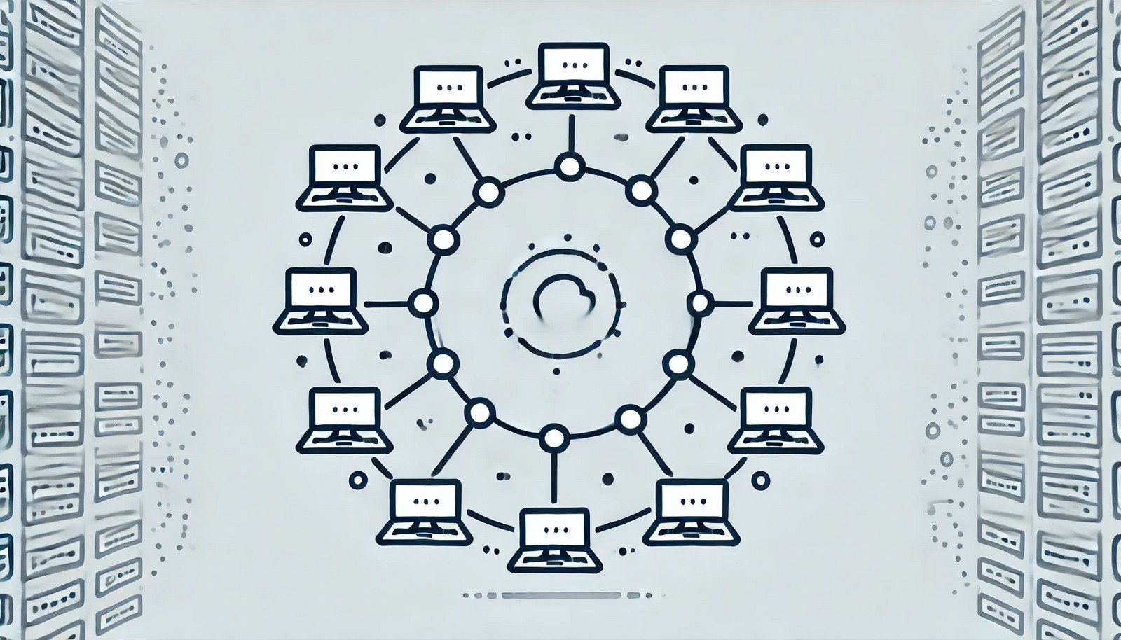 A minimal illustration of a ring network topology showing interconnected nodes in a circular arrangement, with each node representing a computer or device linked by clean, simple lines.