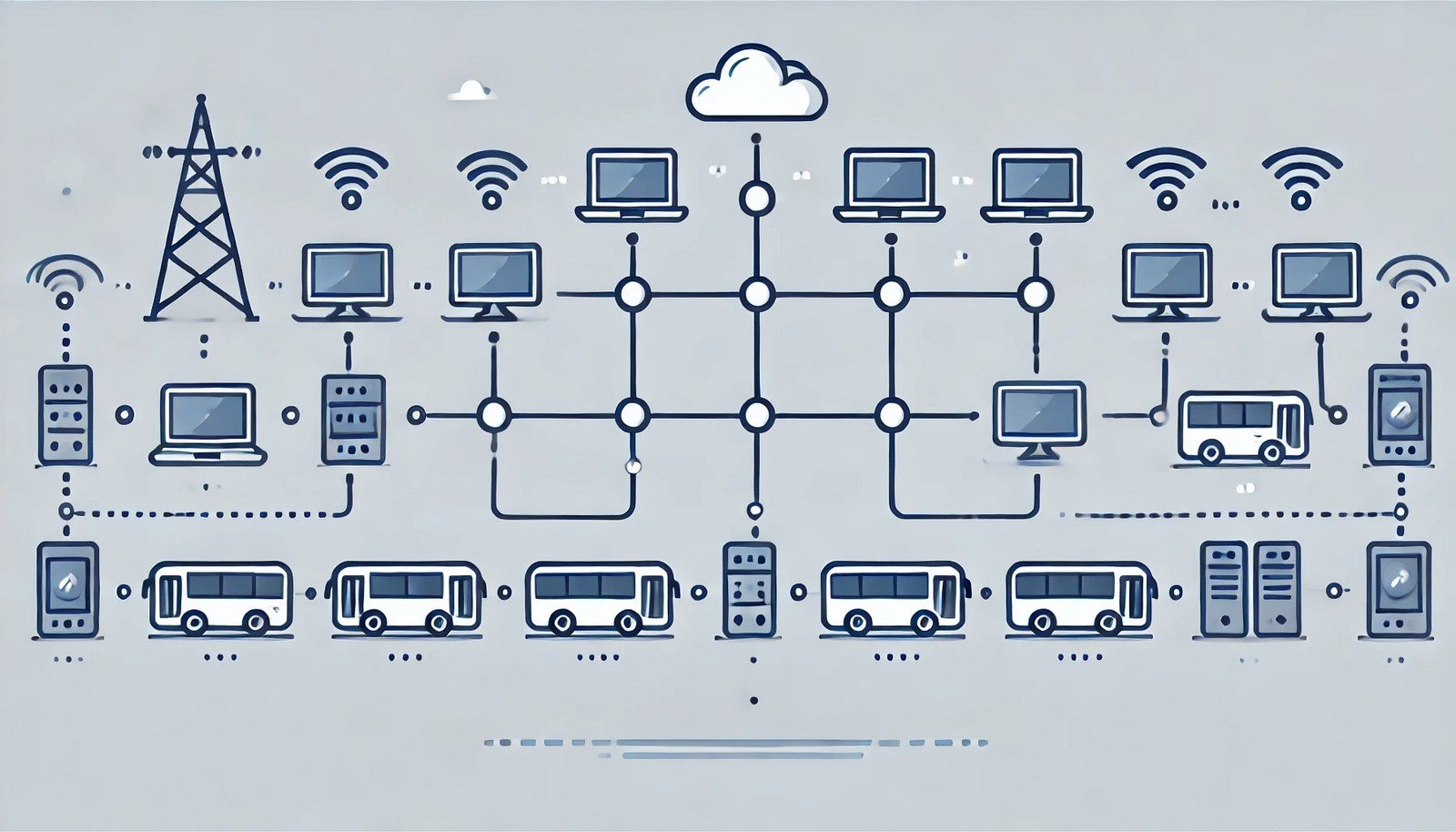 A minimalist illustration of a bus network topology, showing a horizontal communication line with multiple connected devices like computers and sensors, representing a shared communication channel. No text included.