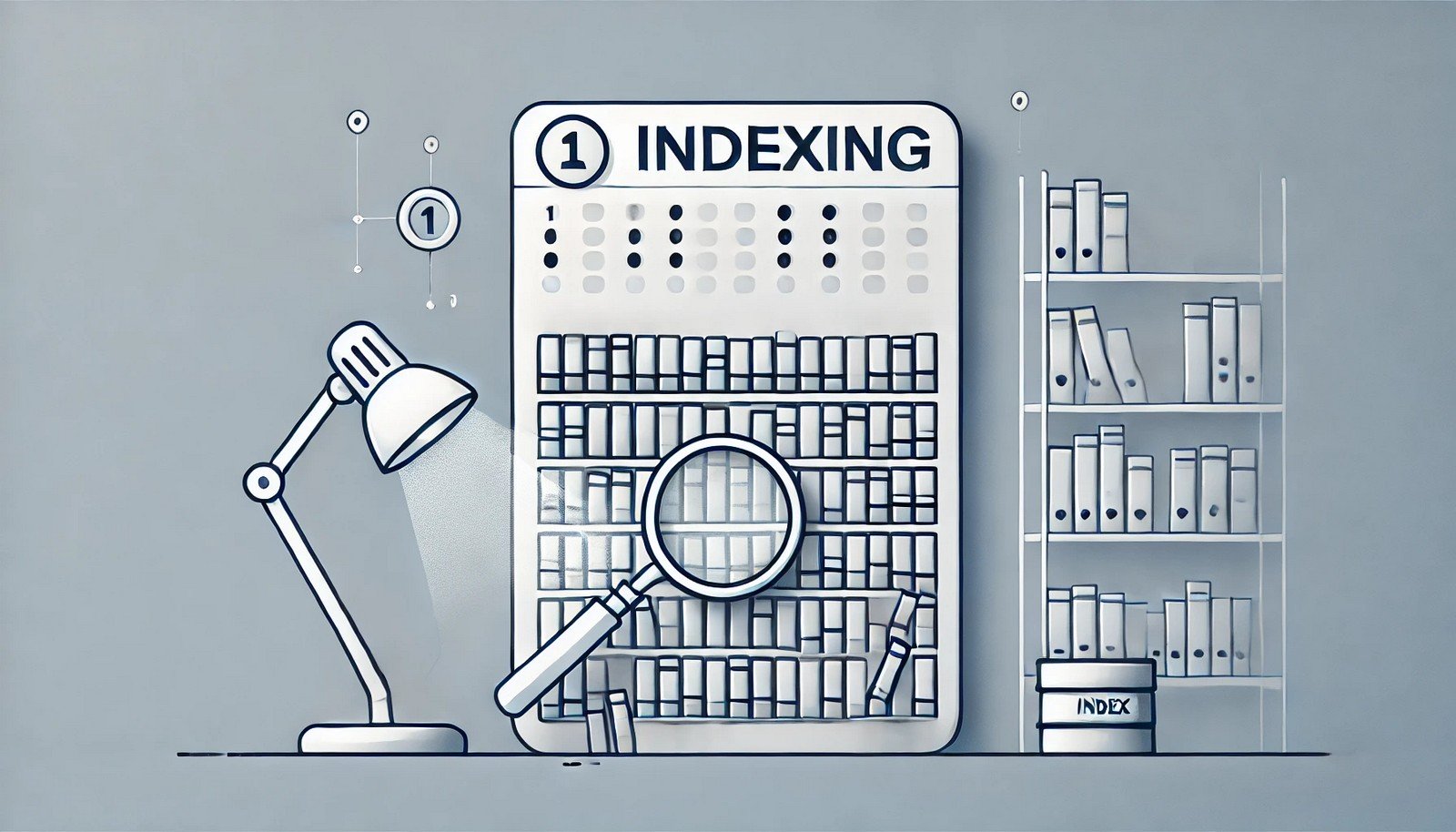 A clean illustration showing a library with organized bookshelves and an index card catalog system, symbolizing an indexing algorithm for efficient data retrieval, without any text on the image.