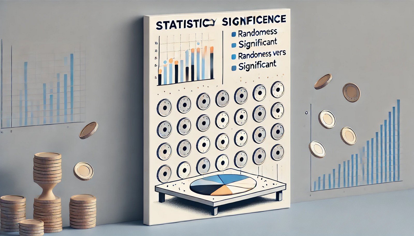 A visual representation of a coin flip experiment illustrating statistical significance, with multiple coins arranged in a minimal style to highlight the contrast between randomness and meaningful patterns.