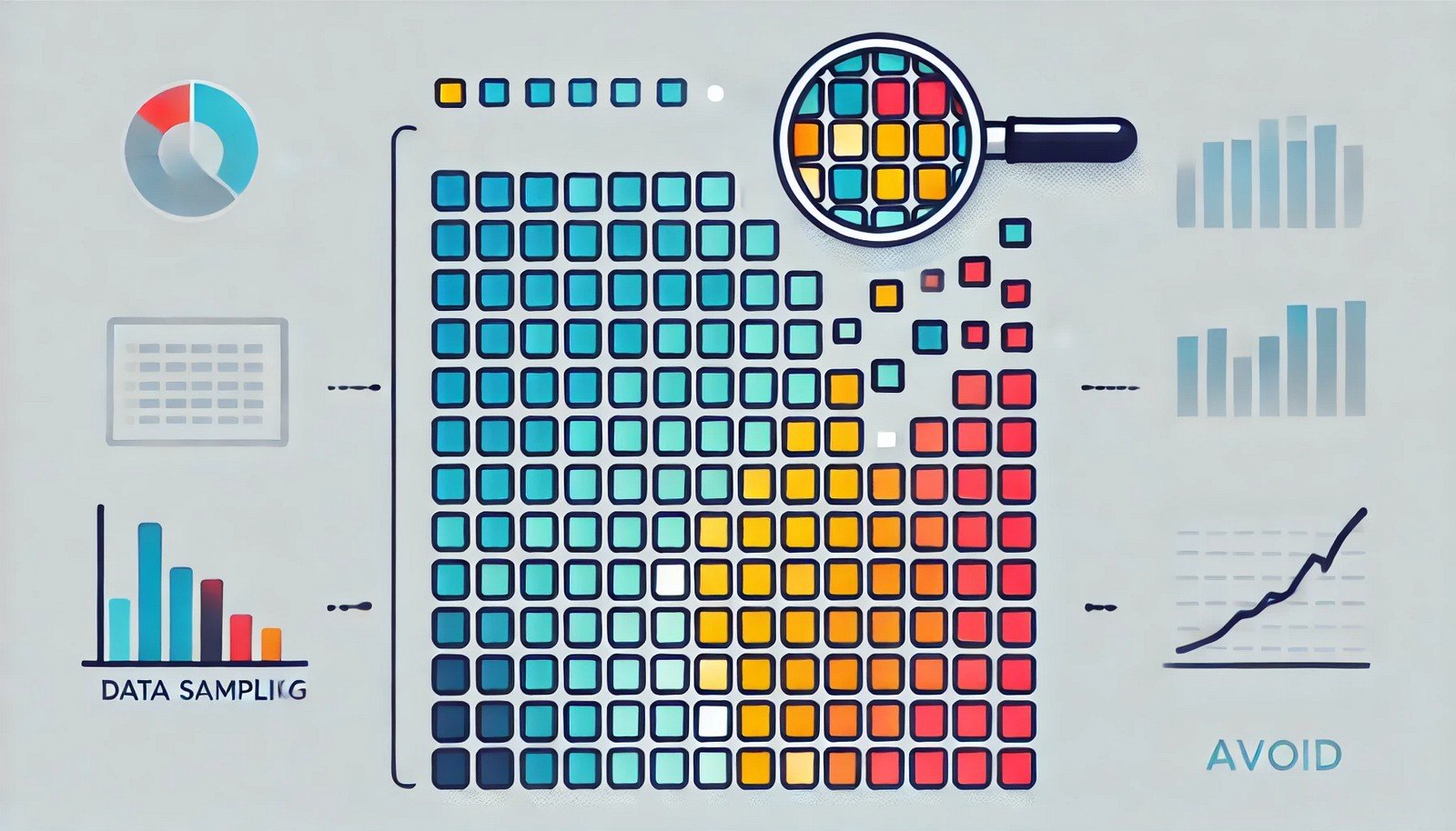 A simple illustration of data sampling, showing a large colorful grid of squares representing a dataset. A smaller section of the grid is highlighted to depict the extracted sample.