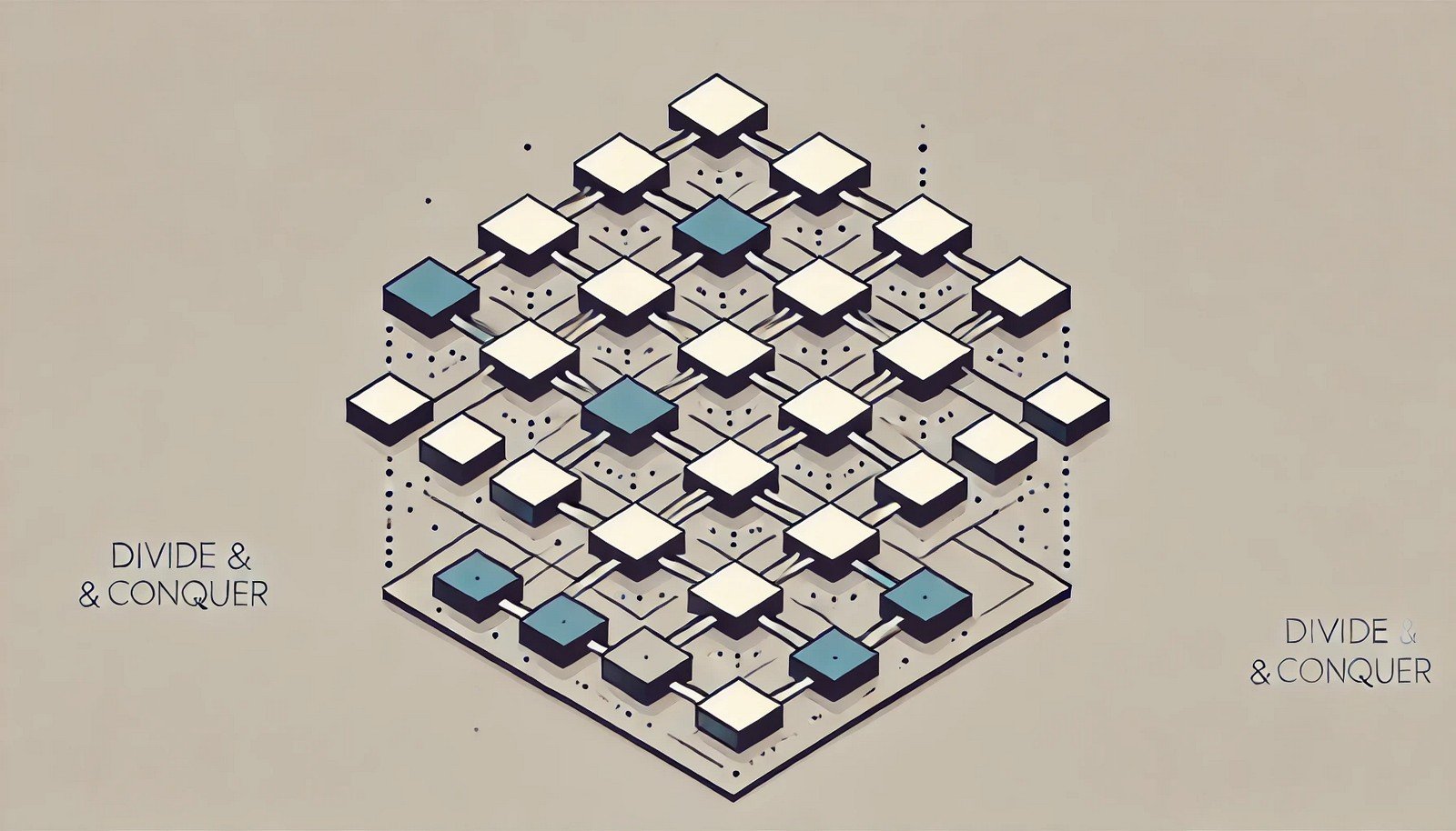 Illustration of the Divide and Conquer Algorithm, showing a large square divided into smaller sections, symbolizing recursive problem-solving and merging back into a unified form in a minimalist style.