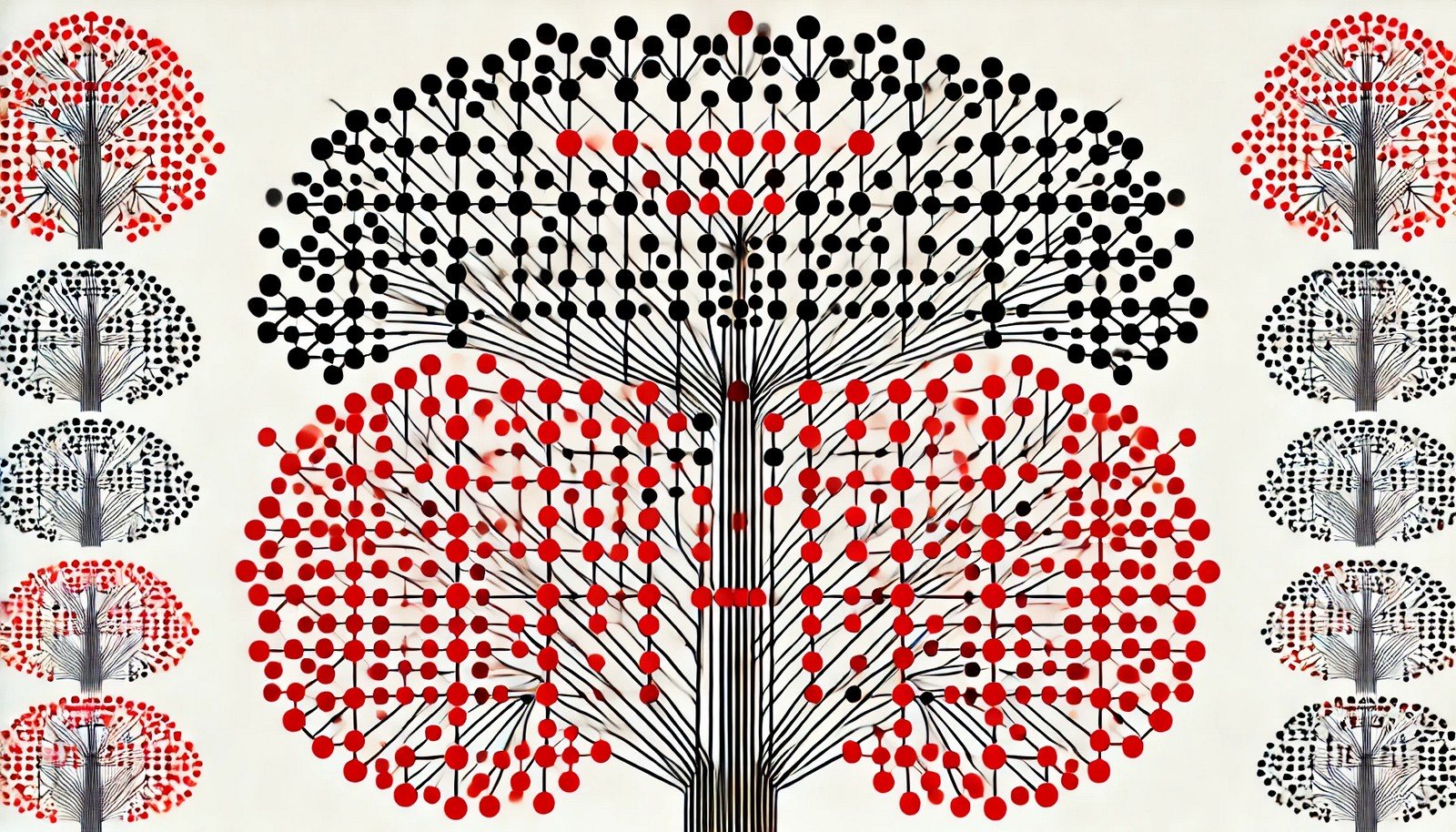 An illustration of a Red-Black Tree, showing a balanced binary search tree with nodes in red and black colors connected in a hierarchical structure, depicting symmetry and balance without any text.