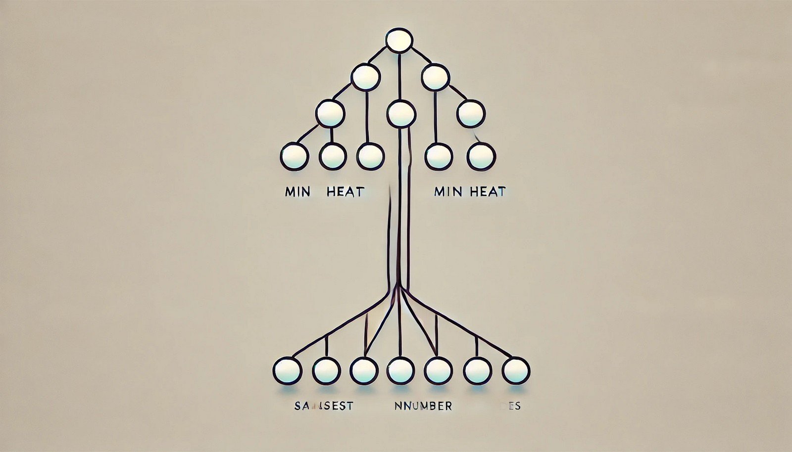 A minimalist illustration of a min heap, showing a tree structure with the smallest number at the top (root) and larger numbers branching below, emphasizing node hierarchy and relationships.
