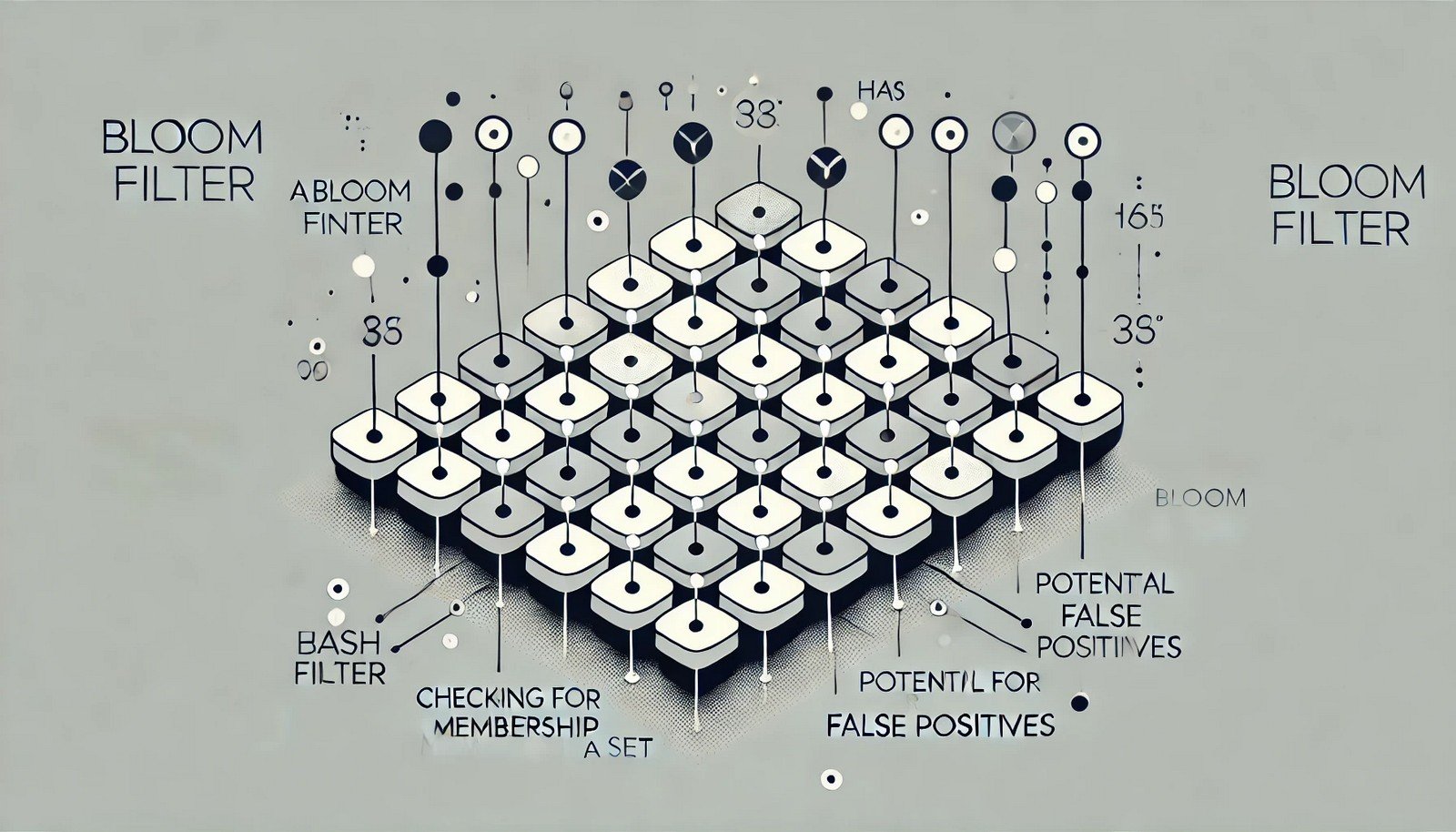 A minimal illustration of a Bloom filter showing a grid-like structure with multiple hash functions marking bits, visually representing element mapping and potential false positives in a clean and modern style.